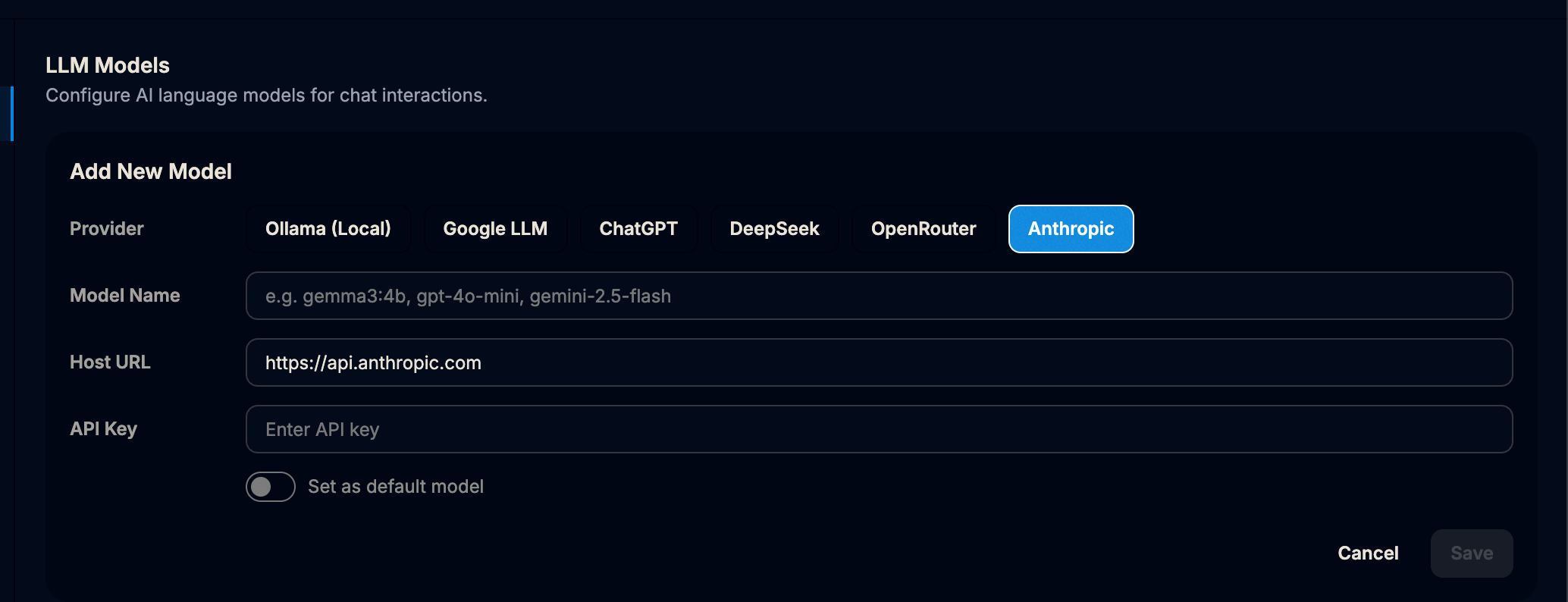 Dhwani App Settings for Anthropic