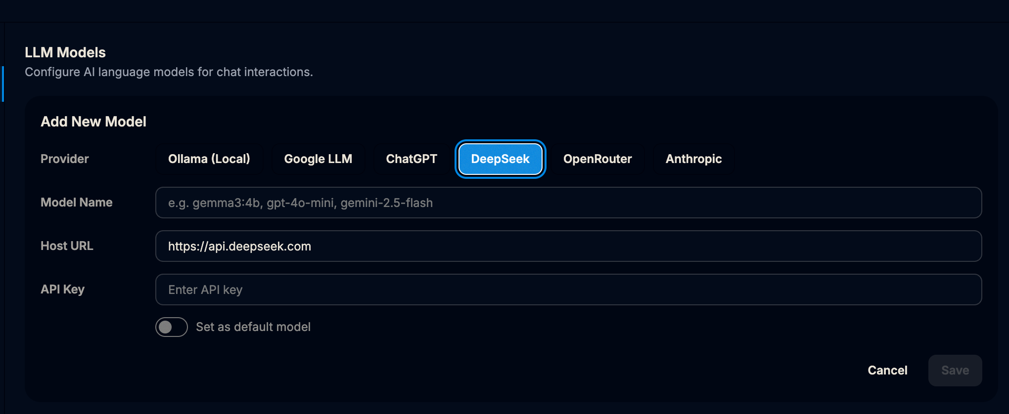 Dhwani App Settings for DeepSeek