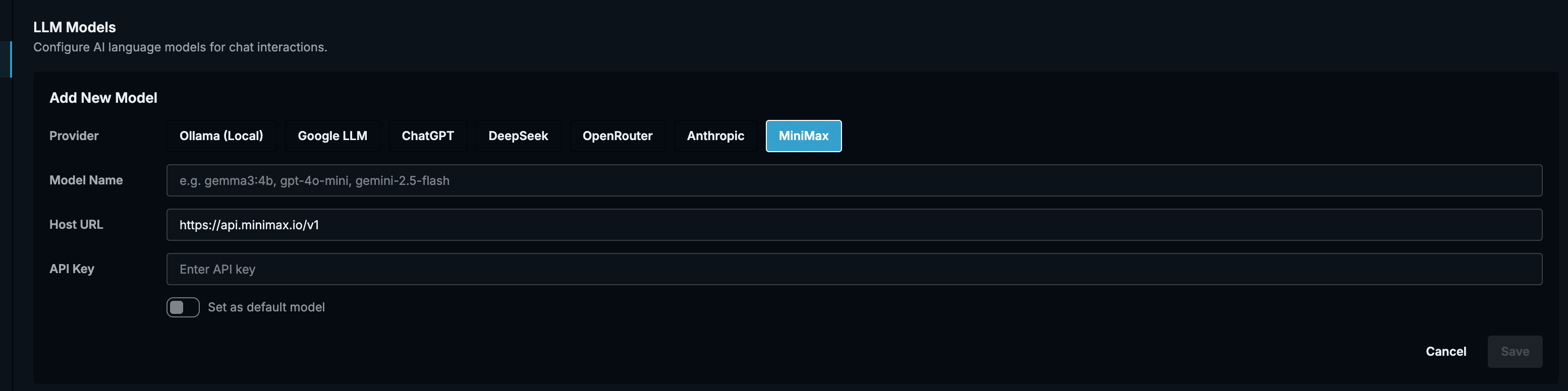 Dhwani App Settings for MiniMax