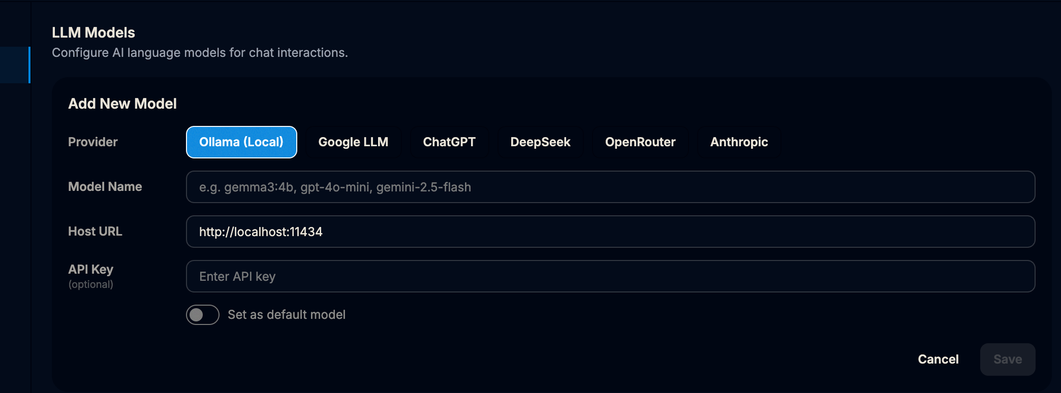 Dhwani App Settings for Ollama