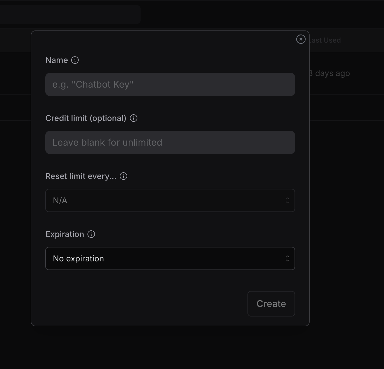 Create Key Dialog